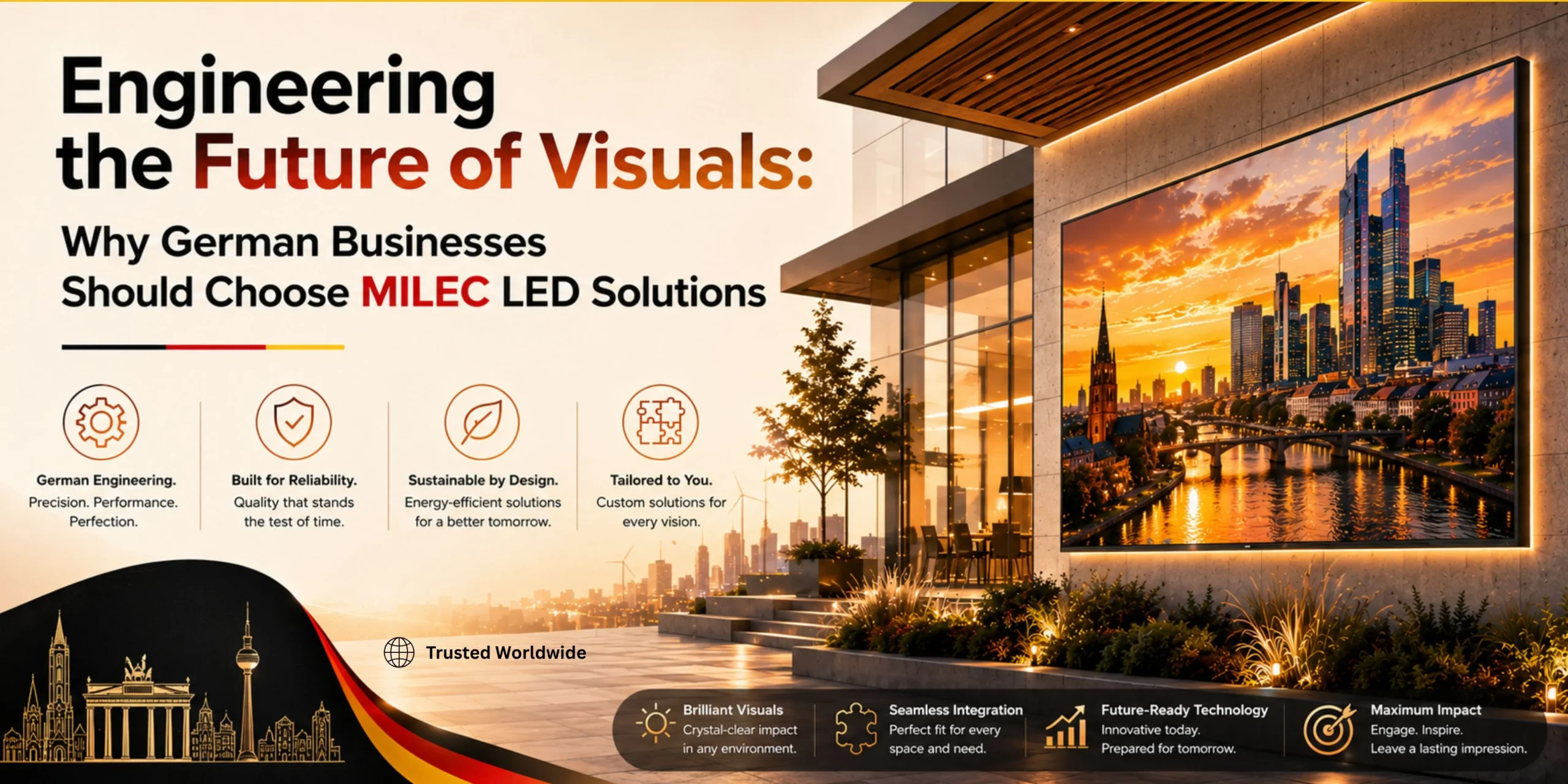A front view of the MILEC Outdoor Prime Series IP65 COB LED Display Panel, showcasing a robust, weather-resistant design built for German commercial and event environments.