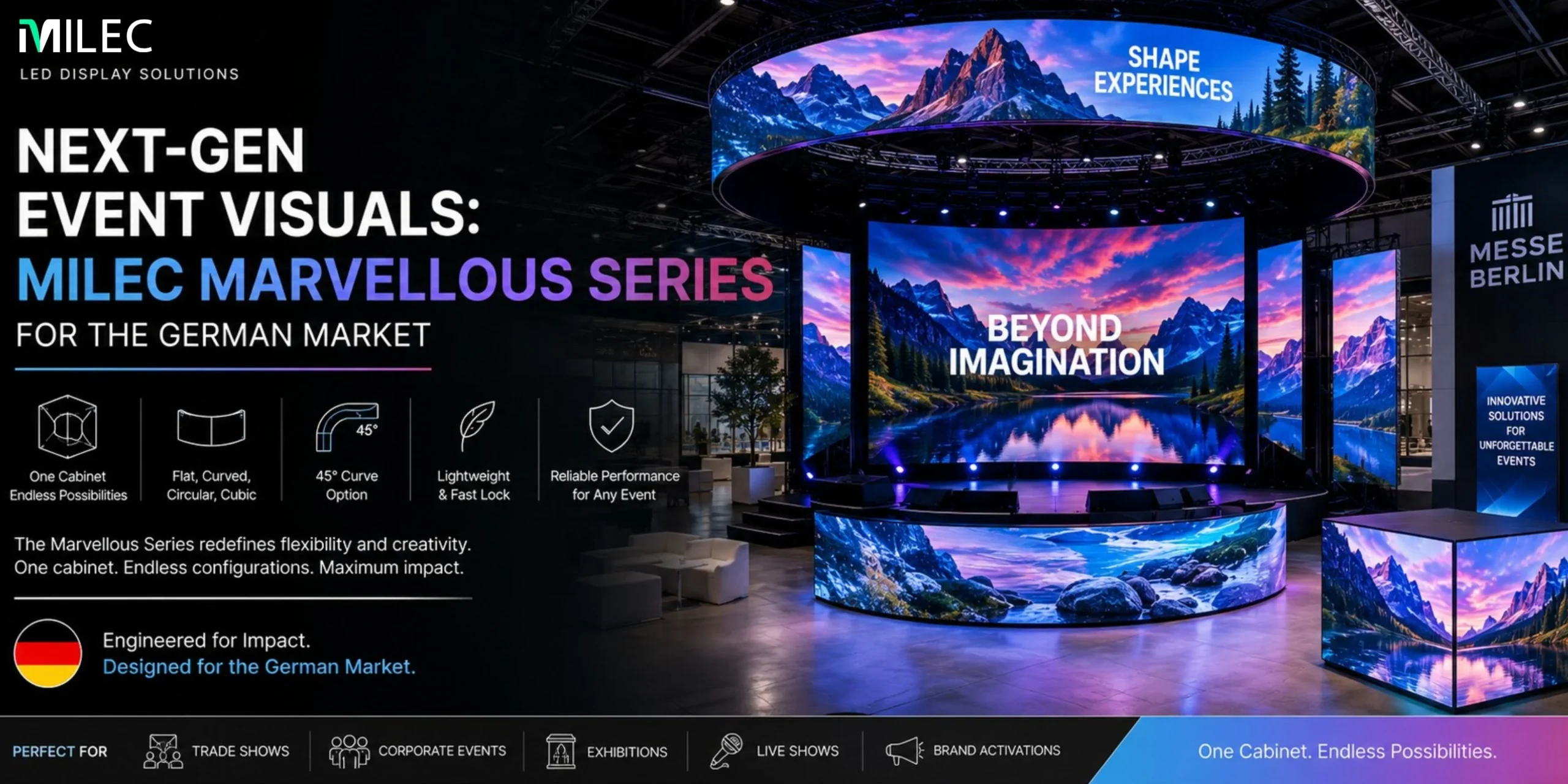 MILEC Marvellous Series indoor and outdoor LED display screen configurations for German event rentals