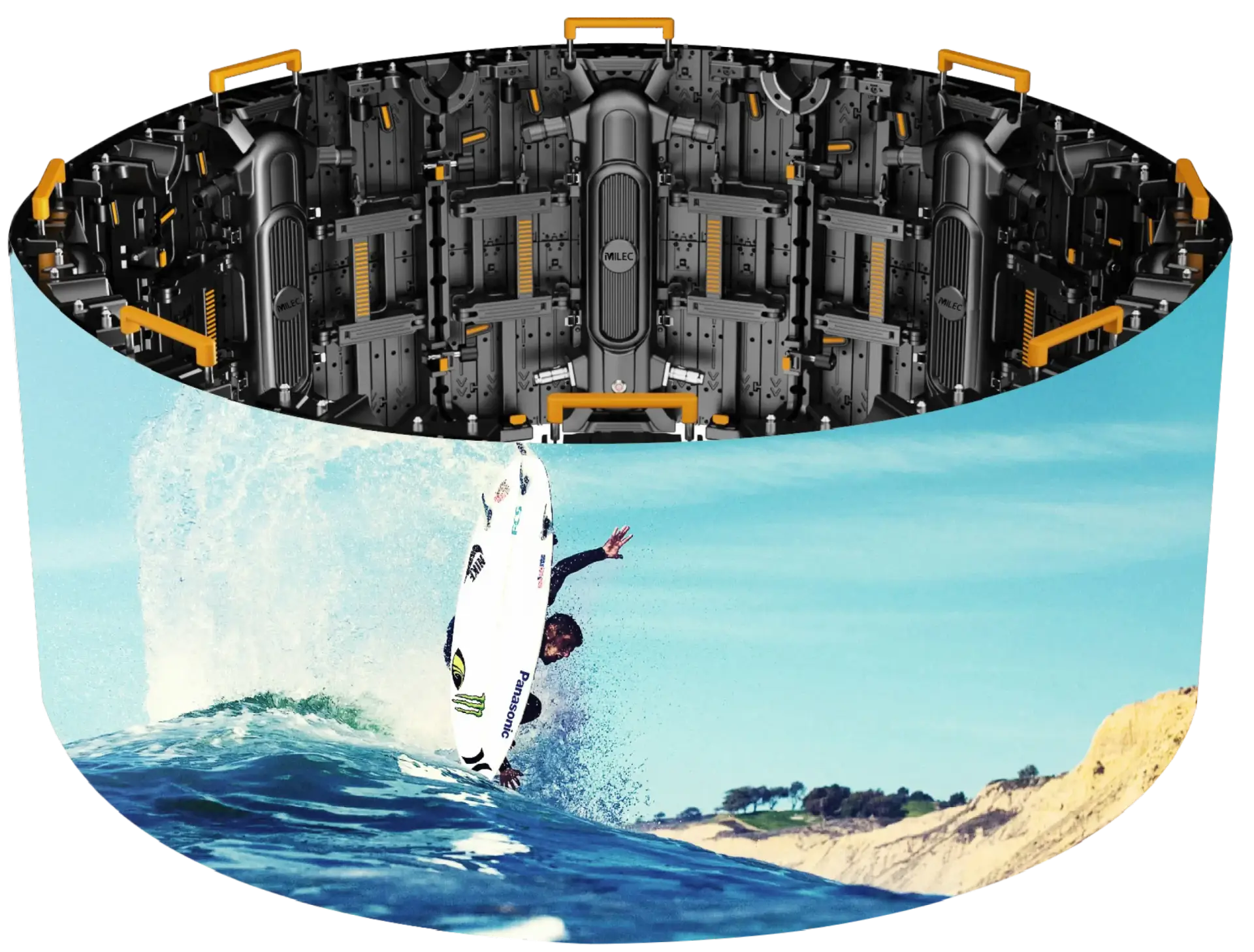 Marvellous Series LED Display showing its ability to form a circular screen showcasing someone surfing.