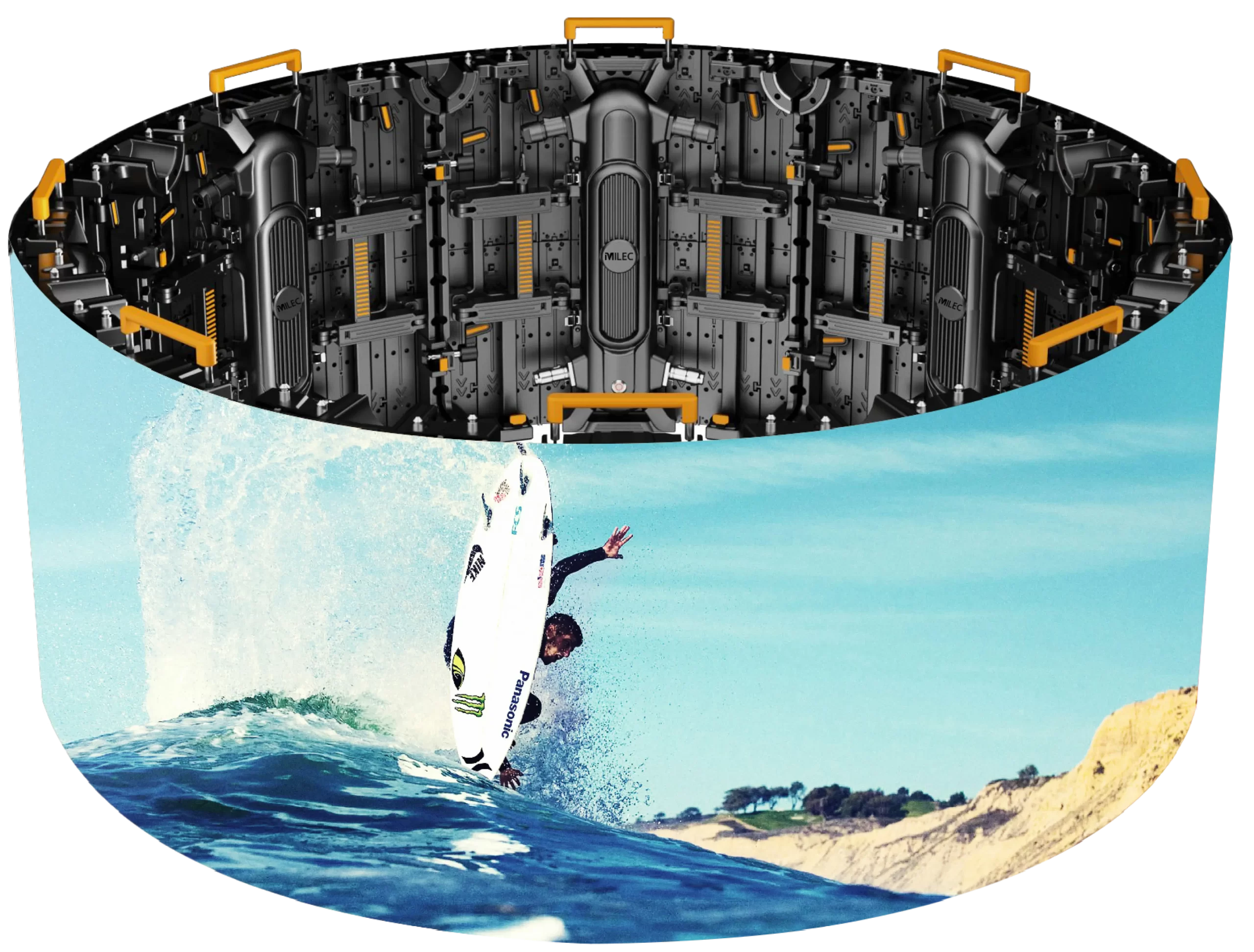 Marvellous Series LED Display showing its ability to form a circular screen showcasing someone surfing.